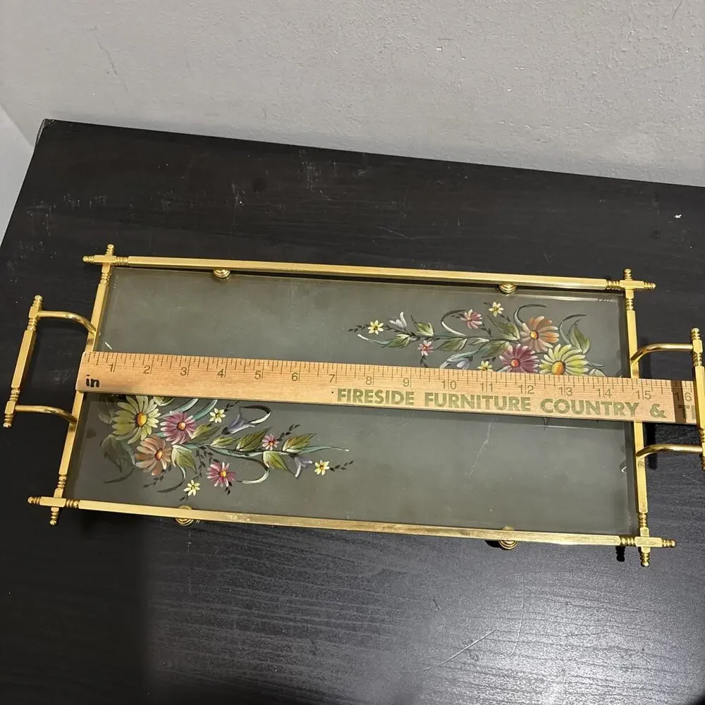 Vintage MCM Hollywood Regency Brass Frame Glass Hand Painted Floral Serving Tray